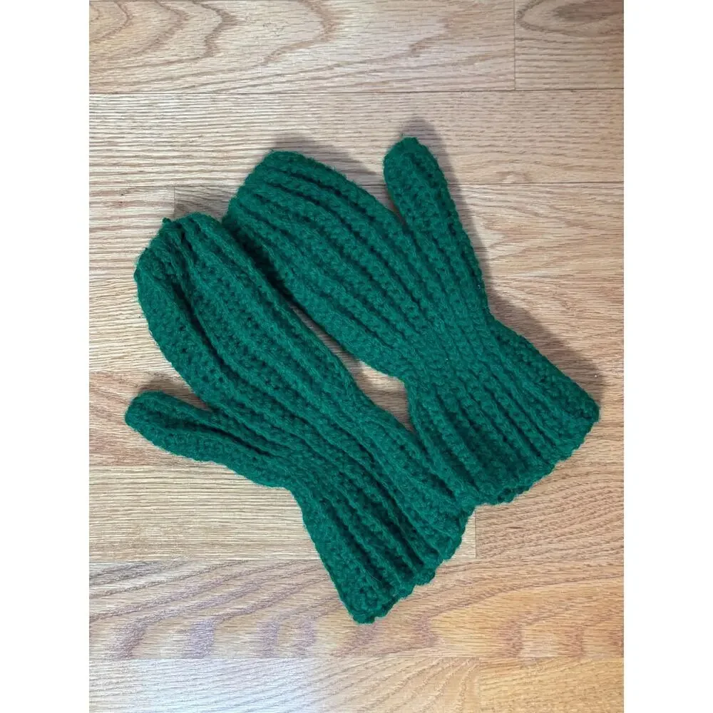 Vintage Green Mittens, Dark Green Knit Crochet Mitts, 60s 70s, Grandma Style